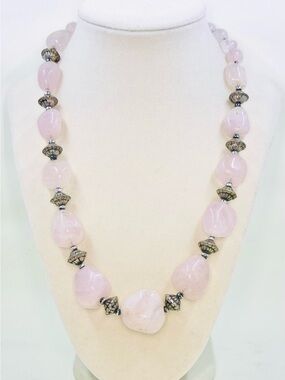 Natural Genuine Rose Quartz & Silver Tone Chunky Beaded Necklace 20”